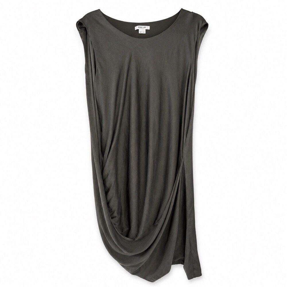 Helmut Lang $415 Asymmetrical Draped Dress Gray Olive Size 8 Silk Lined USA